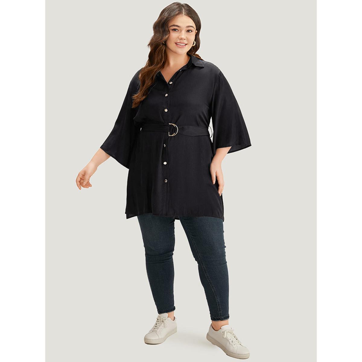 Plus Size Halloween Plain Button Up Shirt Collar Buckle Detail Coat Women Black Plain Belt Dailywear Jackets BloomChic 30/6X Product Image