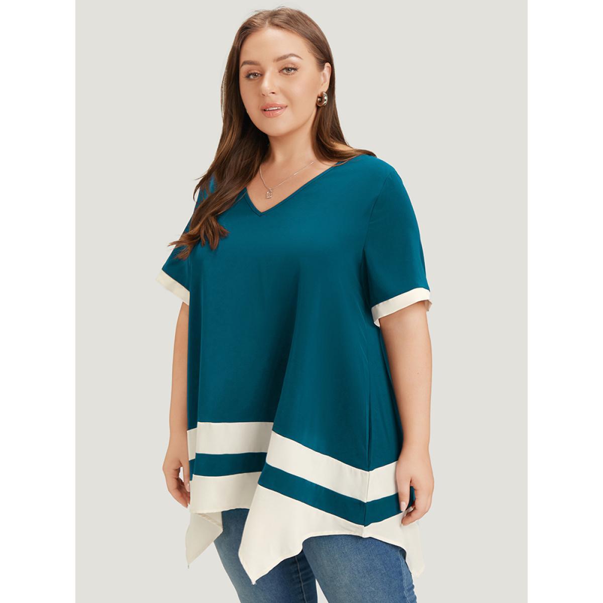 Plus Size Teal Anti-Wrinkle Two Tone Hanky Hem Blouse Women Office Short sleeve V-neck Work Blouses BloomChic 14-16/1X Product Image