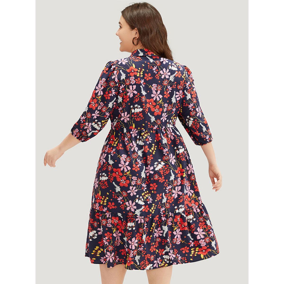 Plus Size Floral Print Shirt Collar Ruffled Hem Dress DarkBlue Women Elegant Elastic cuffs Shirt collar Elbow-length sleeve Curvy Midi Dress BloomChic 22-24/3X Product Image