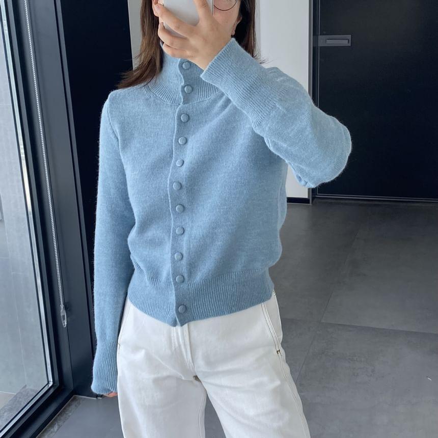 Turtleneck Plain Button Cardigan Product Image