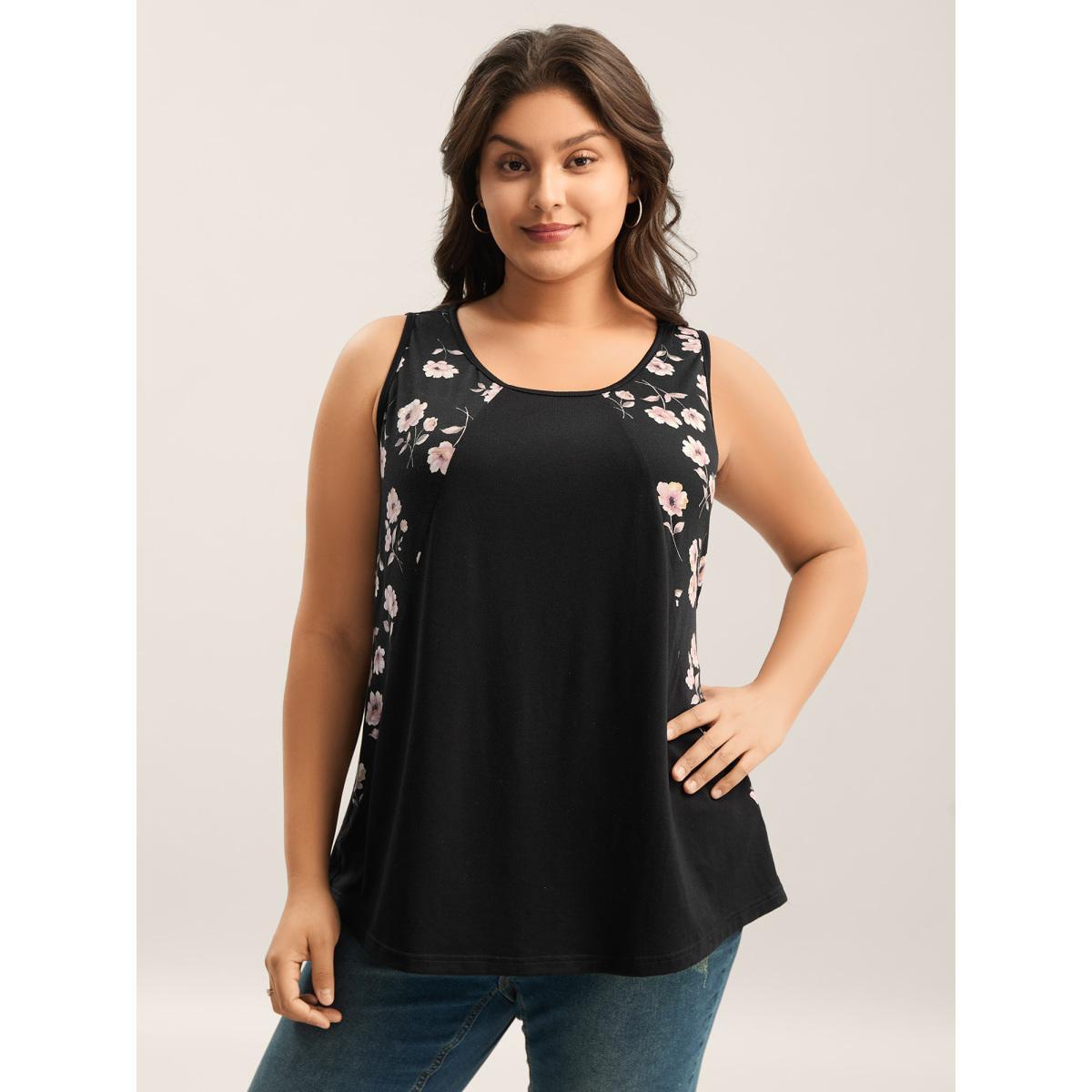 Plus Size Floral Print Spliced Curvy Tank Top Women Black Patchwork Round Neck Everyday-Casual Tank Tops Camis BloomChic 22-24/3X Product Image