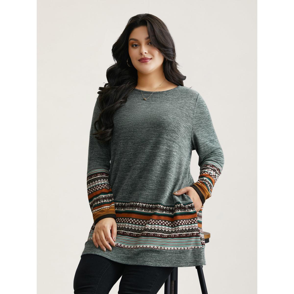 Plus Size Tunic Boho Print Pocket T-shirt Sage Women Casual Contrast Round Neck Loose Everyday T-shirts BloomChic 30/6X Product Image