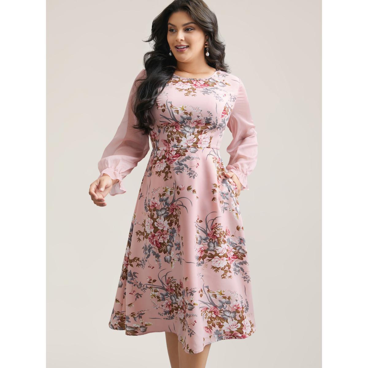 Plus Size Floral Print Spliced Waist Cinched Midi Dress MistyRose Women Elegant See through Round Neck Long Sleeve Curvy BloomChic 26/4X Product Image