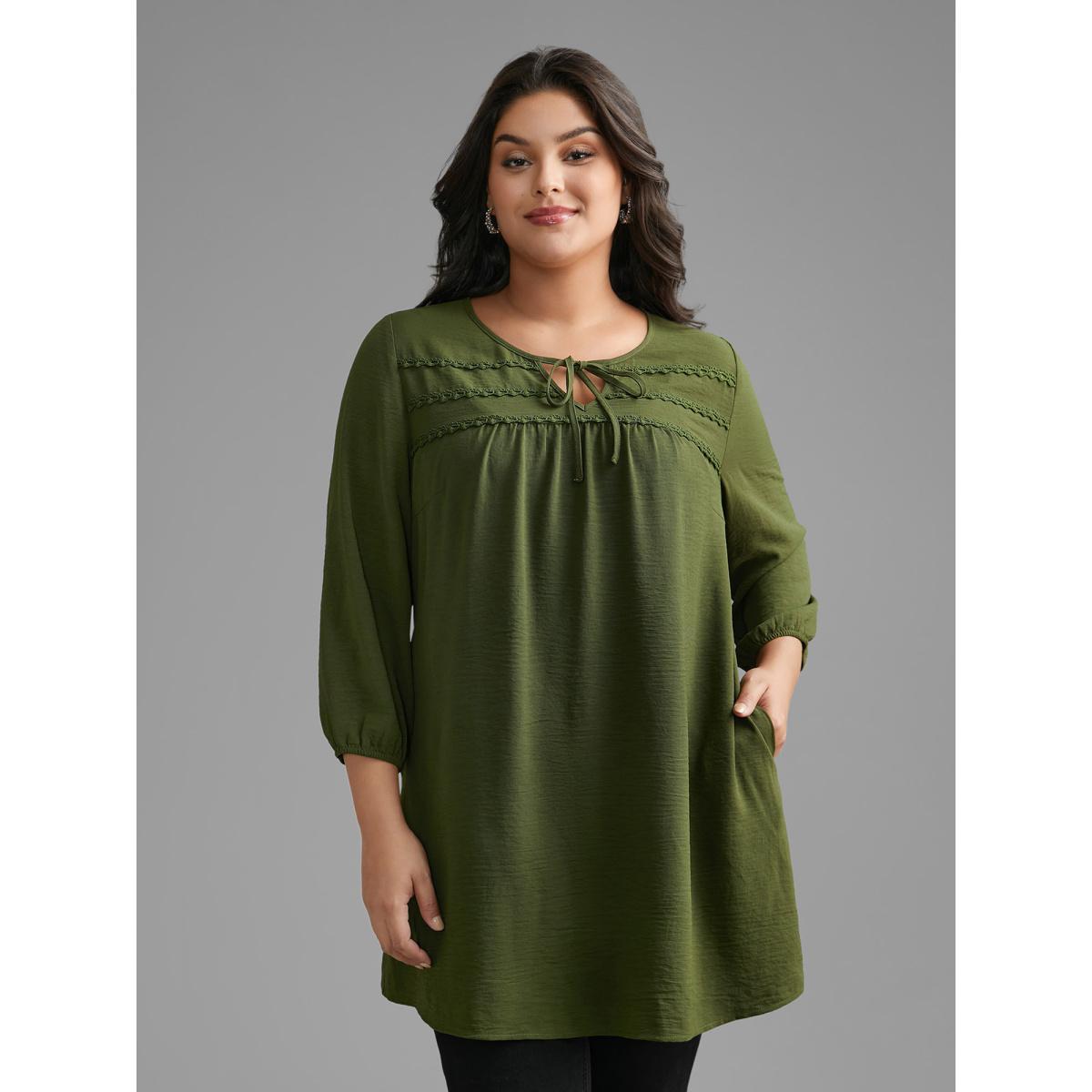 Plus Size ArmyGreen Woven Ribbon Tie Knot Gathered Blouse Women Elegant Elbow-length sleeve V-neck Everyday Blouses BloomChic 12/L Product Image