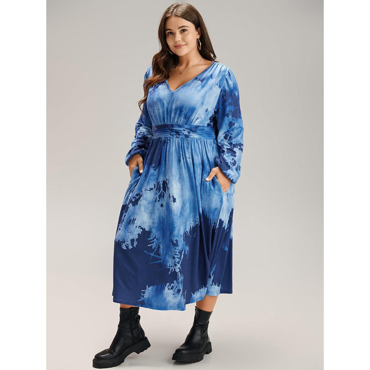 Plus Size Tie Dye Ruched Pocket Lantern Sleeve Dress Indigo Women Casual Elastic cuffs V-neck Long Sleeve Curvy Midi Dress BloomChic 12/L Product Image