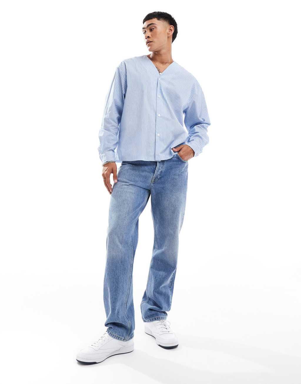 ASOS DESIGN oversized boxy long sleeve shirt with baseball neck in blue stripe Product Image
