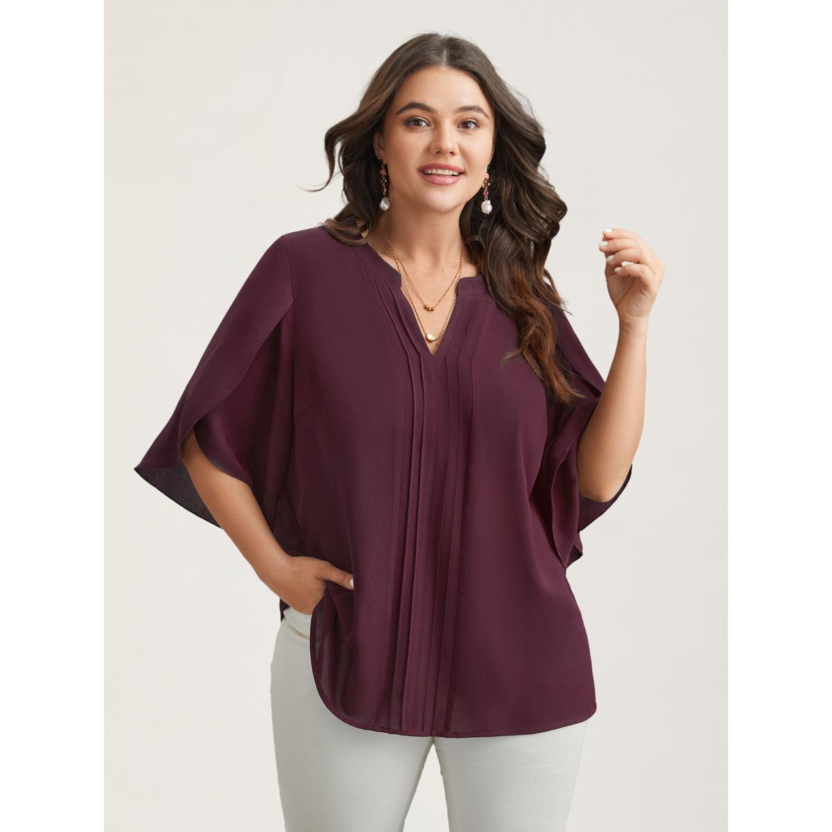Plus Size Browncoffeecolor Petal Sleeve Toothpick Pleats Shirt Women At the Office Elbow-length sleeve Notched collar Work Blouses BloomChic 18-20/2X Product Image