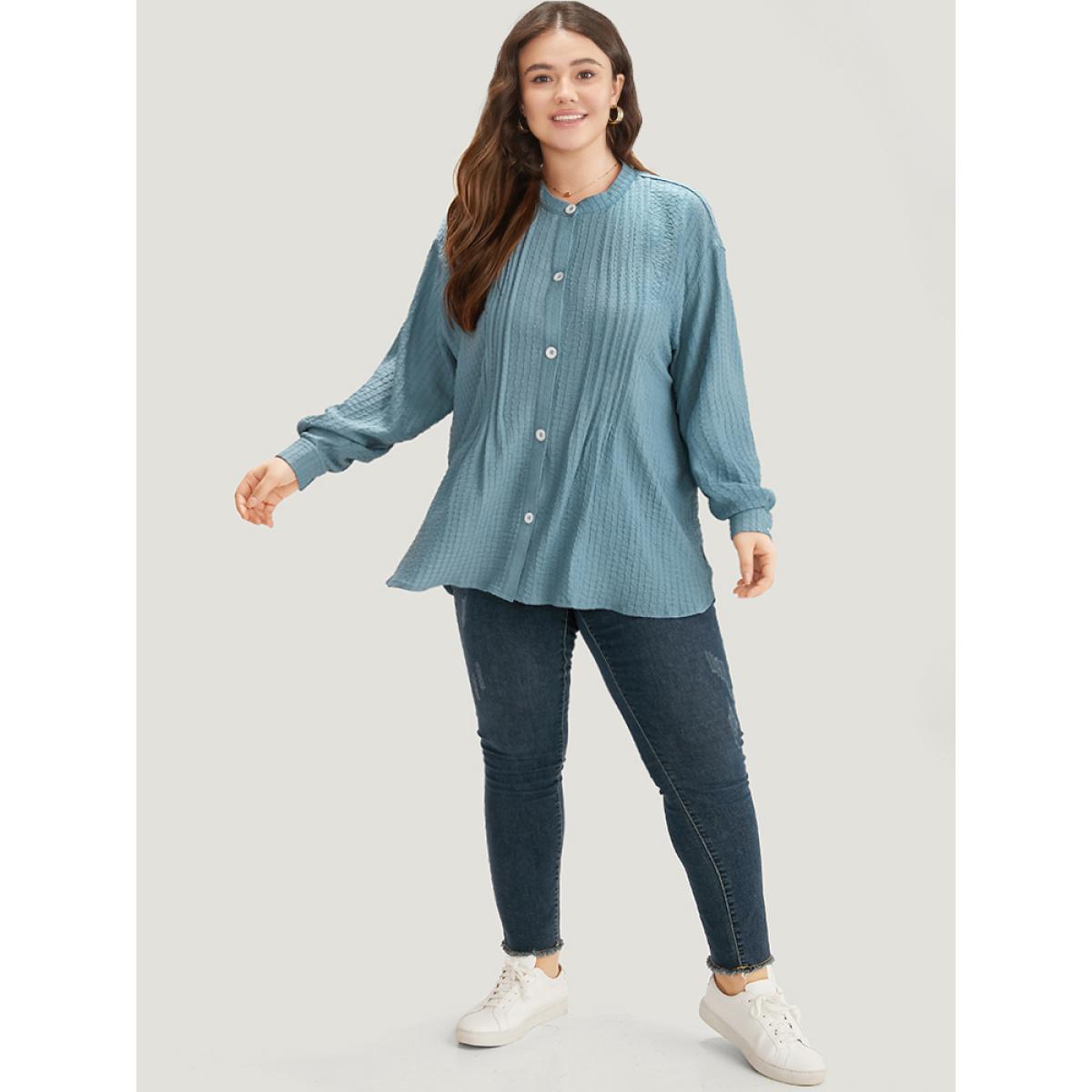 Plus Size Plisse Button Up Curved Hem Kimono Women Stone Casual Texture Everyday Kimonos BloomChic 12/L Product Image