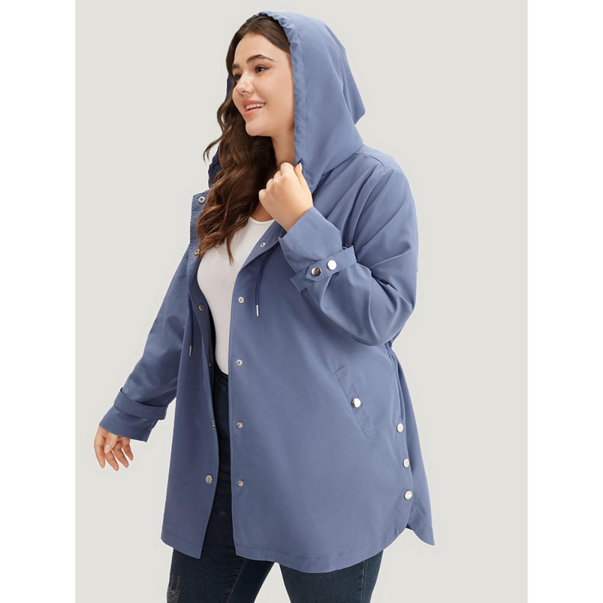 Plus Size Plain Button Detail Hooded Drawstring Coat Women DarkBlue Casual Plain Ladies Dailywear Winter Coats BloomChic 22-24/3X Product Image