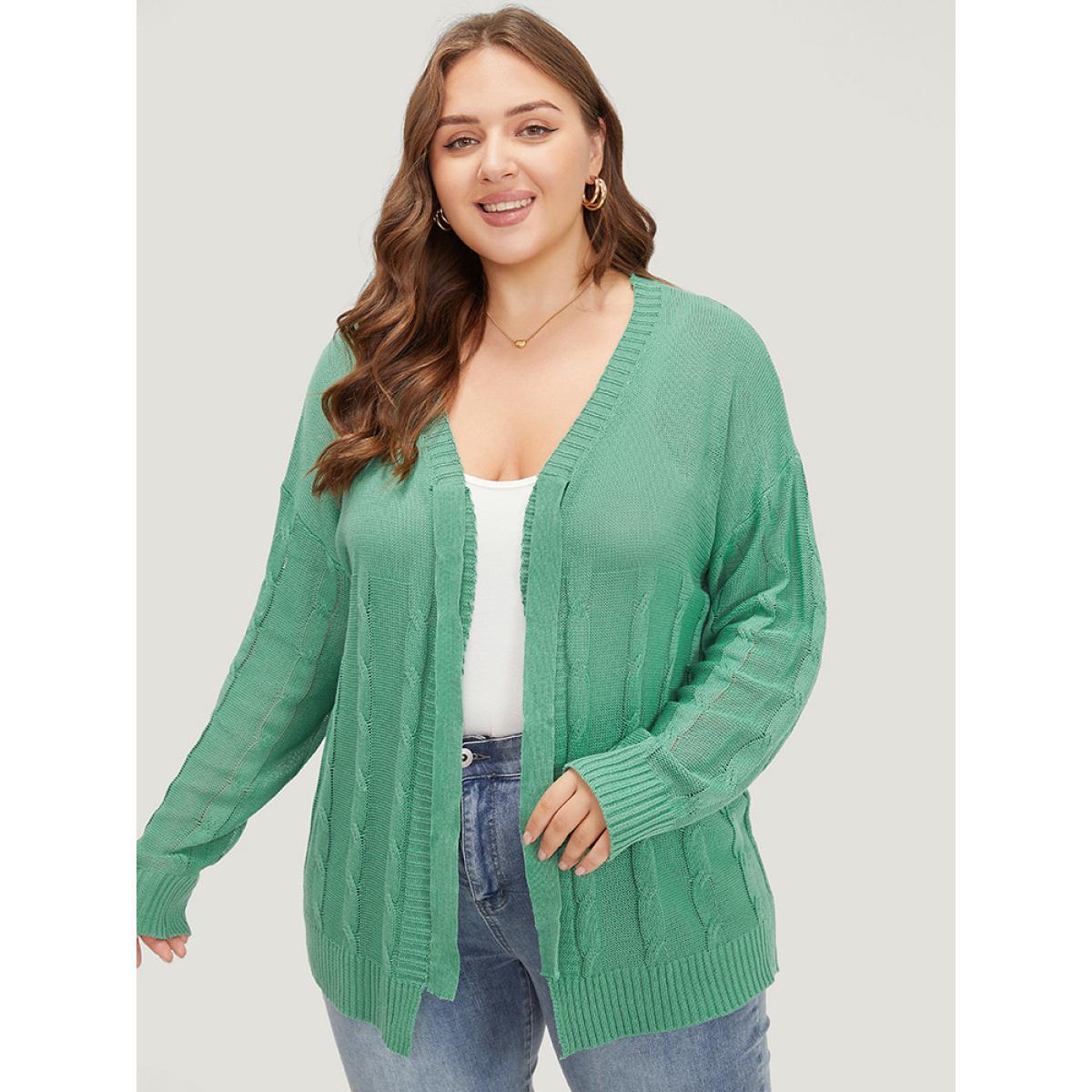 Plus Size Solid Ties Front Cable Knit Cardigan Green Women Casual Long Sleeve Dailywear Cardigans BloomChic 28/5X Product Image