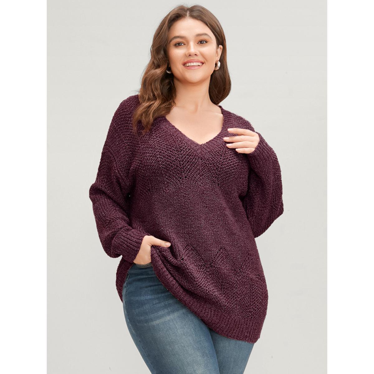 Plus Size Solid Pointelle Knit Eyelet V Neck Heather Knit Top Russet Women Elegant Loose Long Sleeve V-neck Dailywear Pullovers BloomChic 22-24/3X Product Image