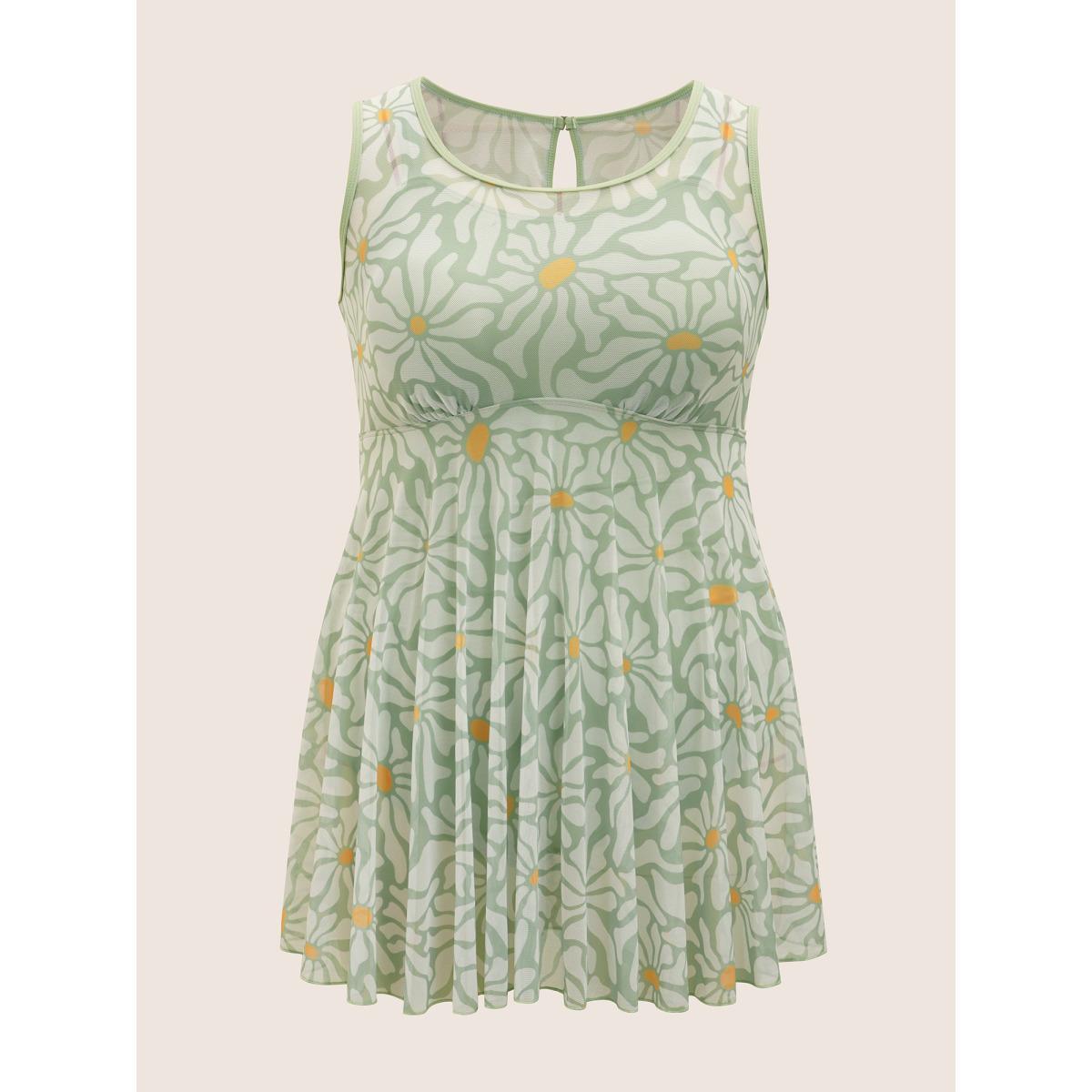 Plus Size Sun Print U Neck See Through Gathered Swim Dress Women's Swimwear Palemauve Beach Bodycon U-neck High stretch Curve Swim Dresses BloomChic 10/M Product Image