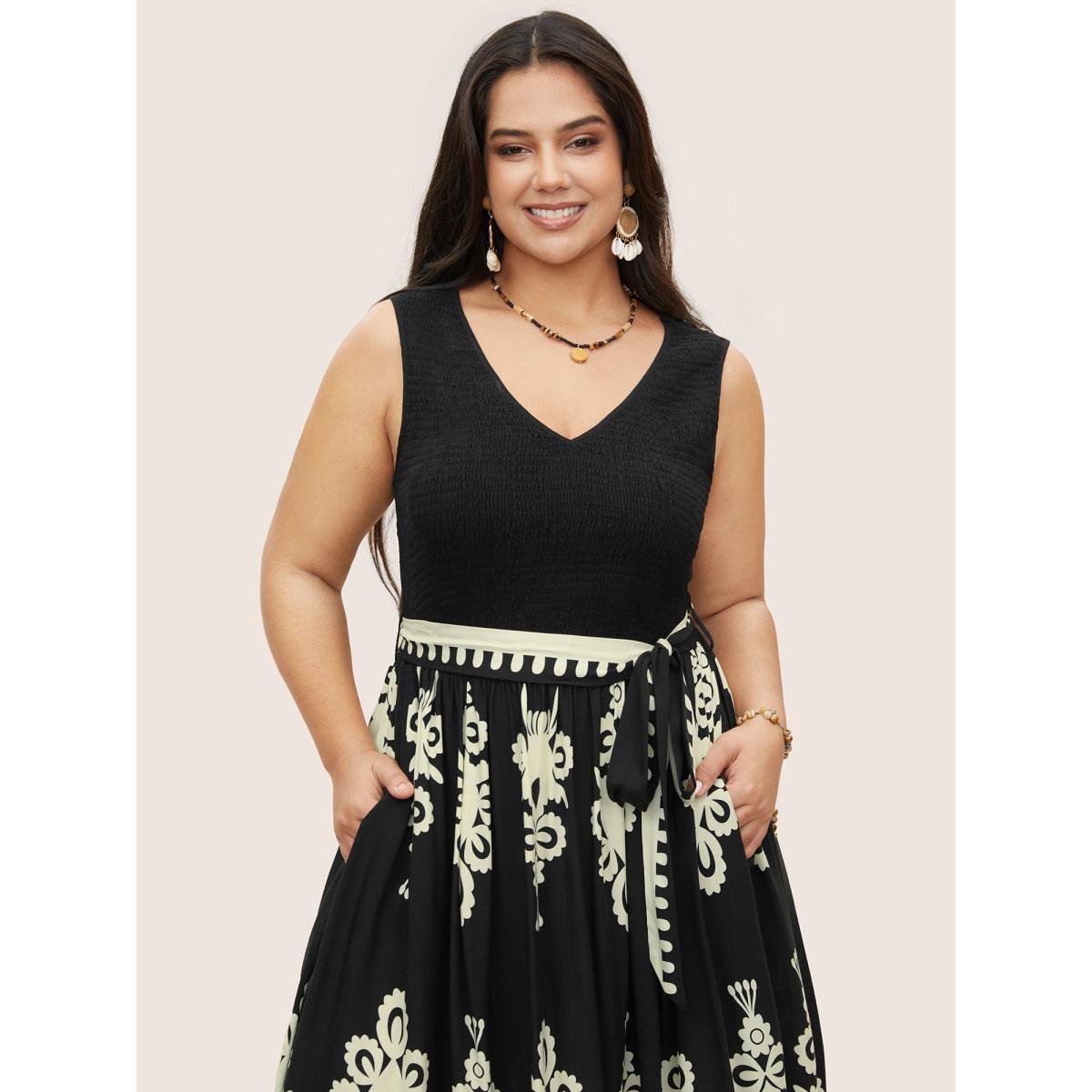 Plus Size Rayon Boho Print Shirred Belted Dress Black Women Resort Belted V-neck Sleeveless Curvy Midi Dress BloomChic 22-24/3X Product Image