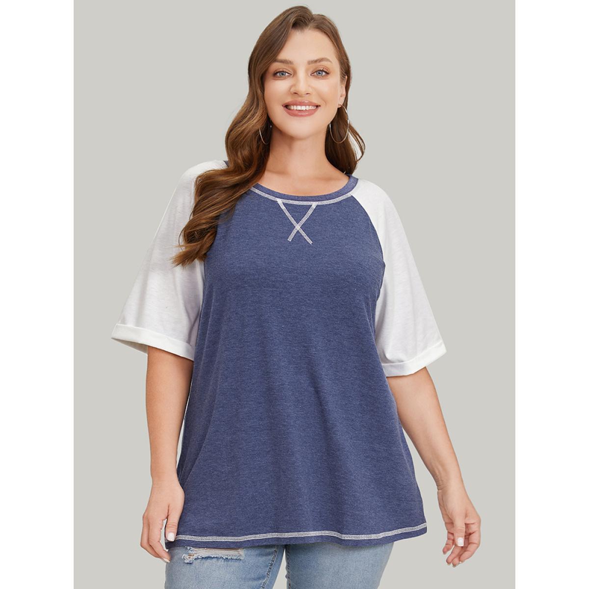 Plus Size Supersoft Essentials Two Tone Stitch Roll Raglan Sleeve T-shirt DarkBlue Women Casual Contrast Colorblock Round Neck Dailywear T-shirts BloomChic 14-16/1X Product Image