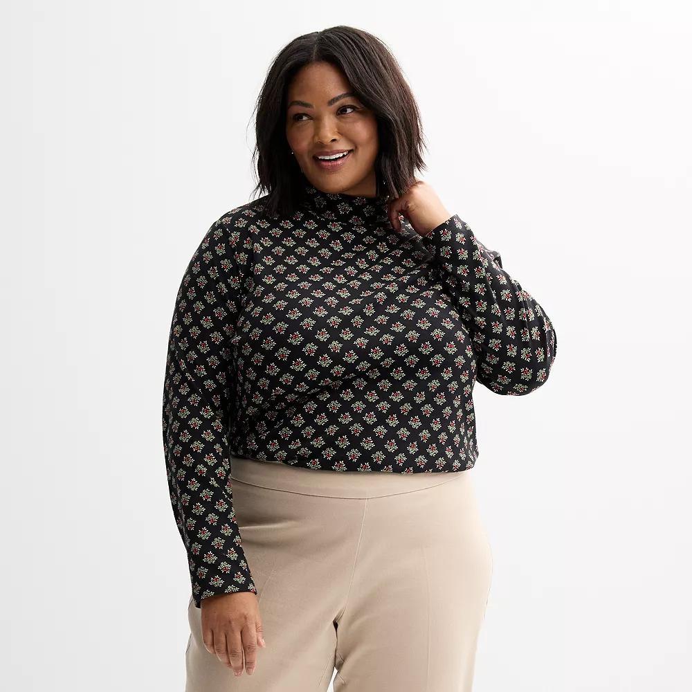 Plus Size Croft & Barrow® Essential Long-Sleeve Mockneck Top, Women's, Size: 4XL, Black Bloom Tile Product Image