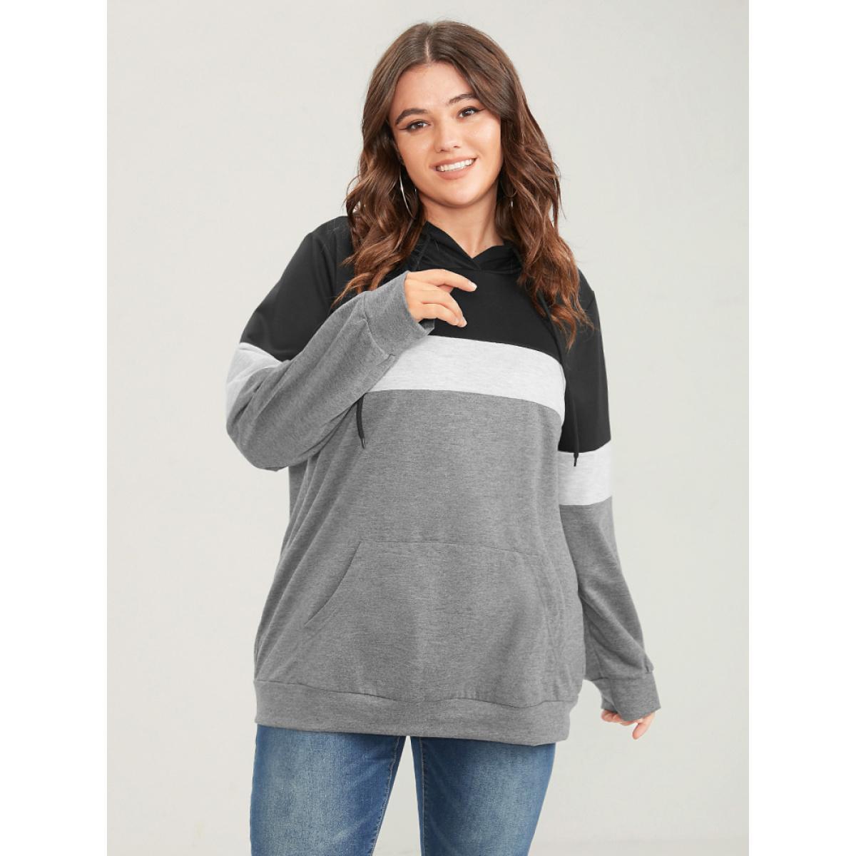 Plus Size Colorblock Contrast Hooded Pocket Drawstring Sweatshirt Women Black Casual Pocket Hooded Dailywear Sweatshirts BloomChic 12/L Product Image