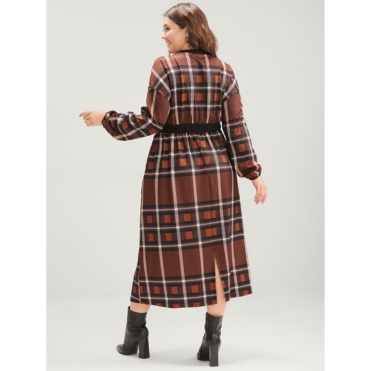 Plus Size Plaid Patchwork Round Neck Lantern Sleeve Pocket Midi Dress Tan Women Casual Patchwork Round Neck Long Sleeve Curvy Midi Dress BloomChic 14-16/1X Product Image
