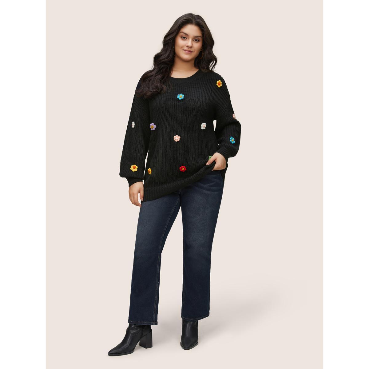 Plus Size Stereo Flower Design Round Neck Pullover Black Women Casual Long Sleeve Round Neck Everyday Pullovers BloomChic 12/L Product Image