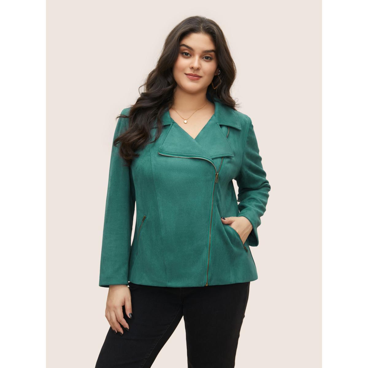 Plus Size Solid Faux Suede Zipper Lapel Collar Jacket Women Emerald Non Zippered pocket Everyday Jackets BloomChic 14-16/1X Product Image
