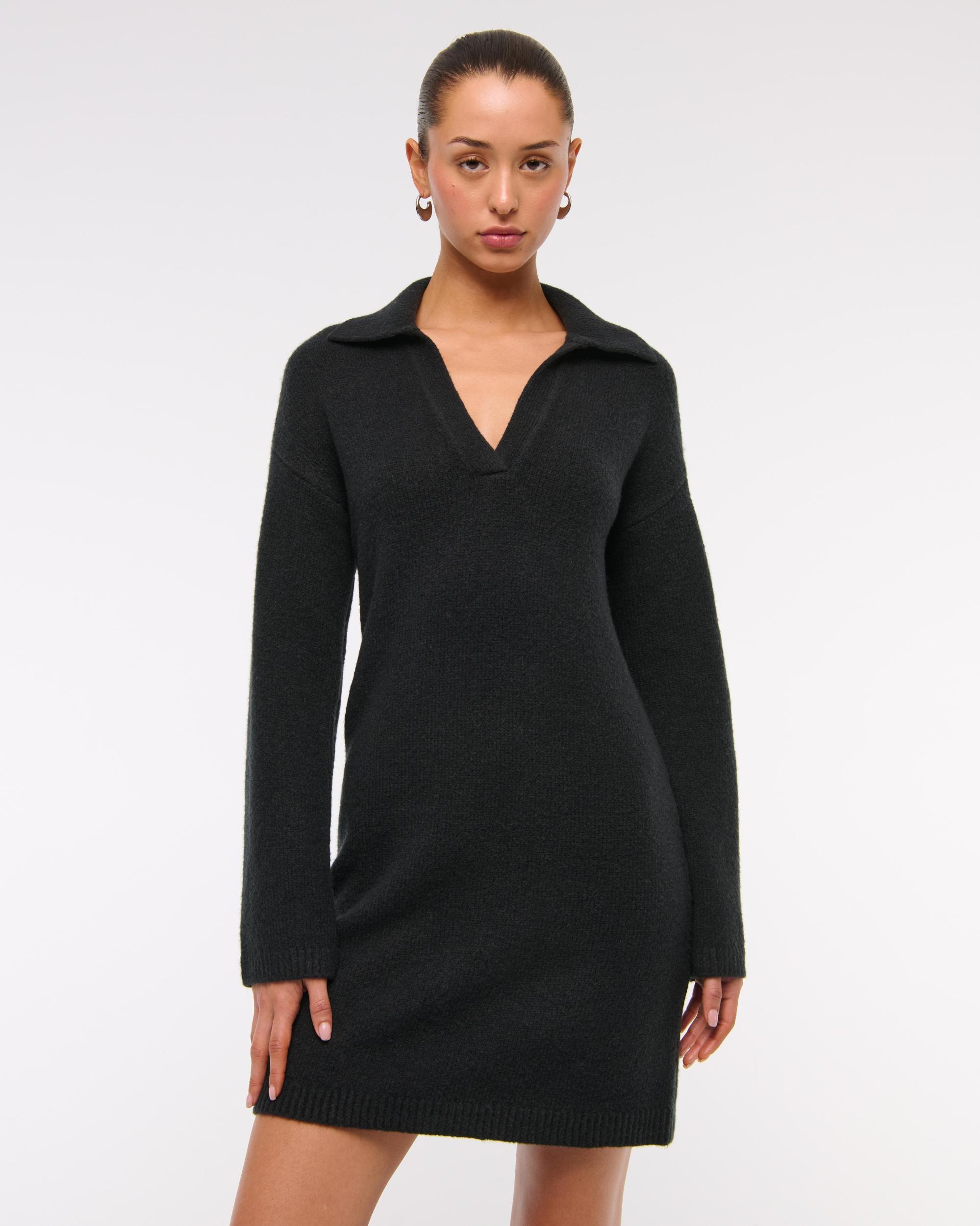 Long-Sleeve Collared Mini Sweater Dress Product Image