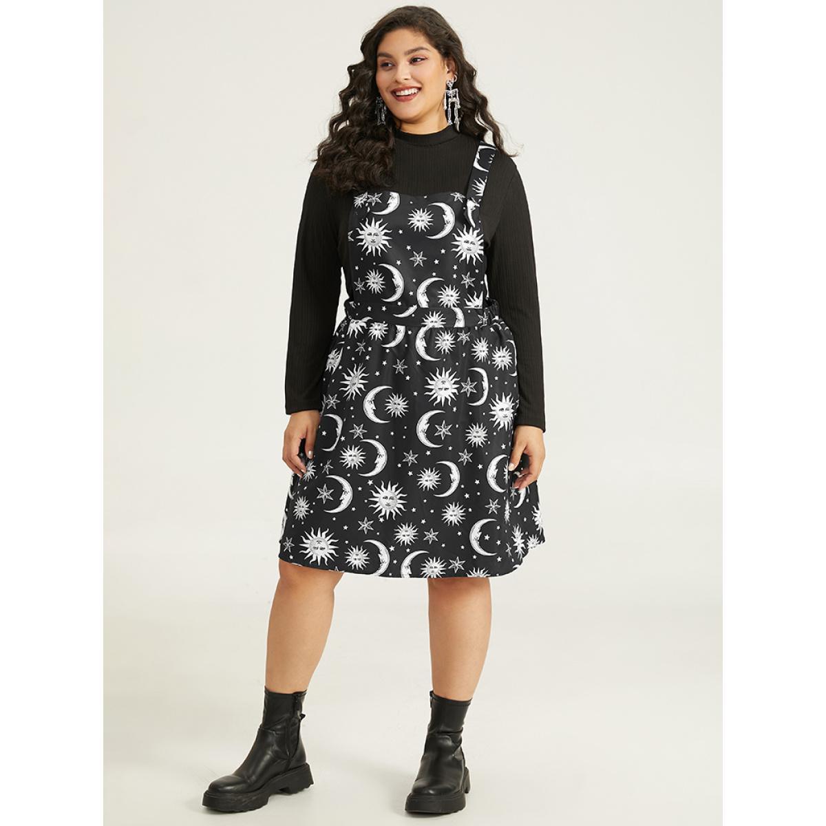 Plus Size Halloween Moon & Star Print Pocket Spaghetti Strap Dress Black Women Casual Adjustable Straps Spaghetti Strap Sleeveless Curvy Knee Dress BloomChic 10/M Product Image