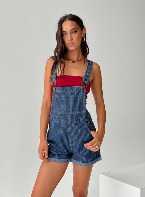 Kacey Short Overalls Mid Blue Pinstripe Product Image