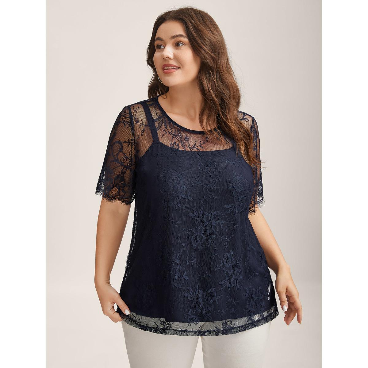 Plus Size Two-Piece Romantic Sheer Lace Lined T-Shirt Indigo Women See through Round Neck Everyday-Elegant T-shirts BloomChic 26/4X Product Image
