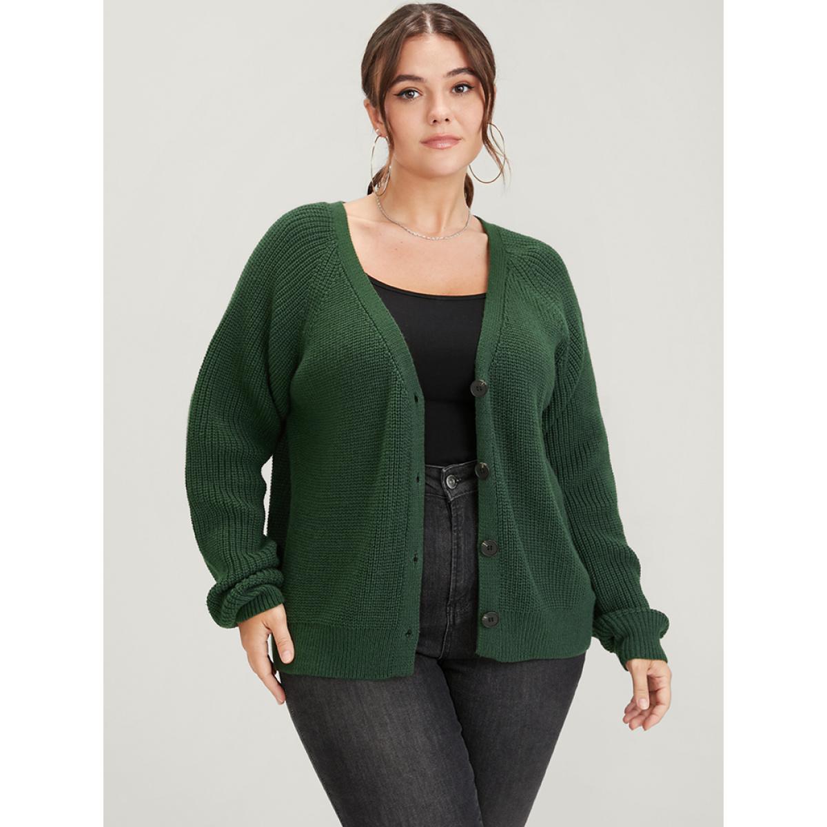 Plus Size Solid Pointelle Knit Raglan Sleeve Button Front Cardigan DarkGreen Women Elegant Loose Long Sleeve Dailywear Cardigans BloomChic 22-24/3X Product Image