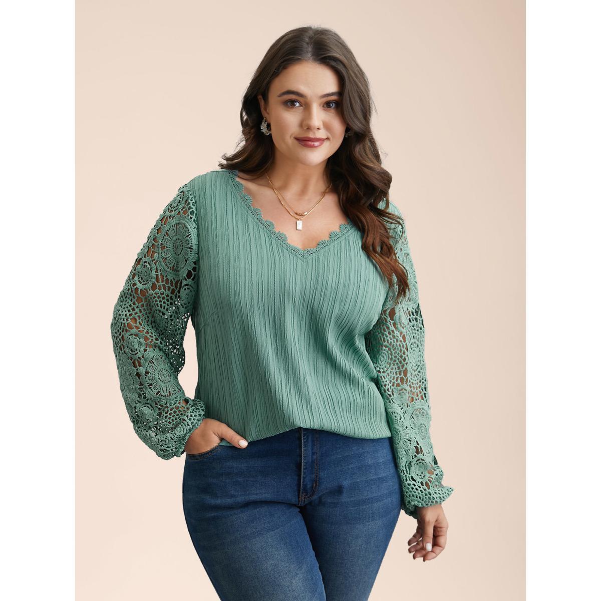 Plus Size Greenbean Scalloped Lace Textured Sheer Sleeve Blouse Women Elegant Extra Long Sleeve V-neck Everyday Blouses BloomChic 18-20/2X Product Image
