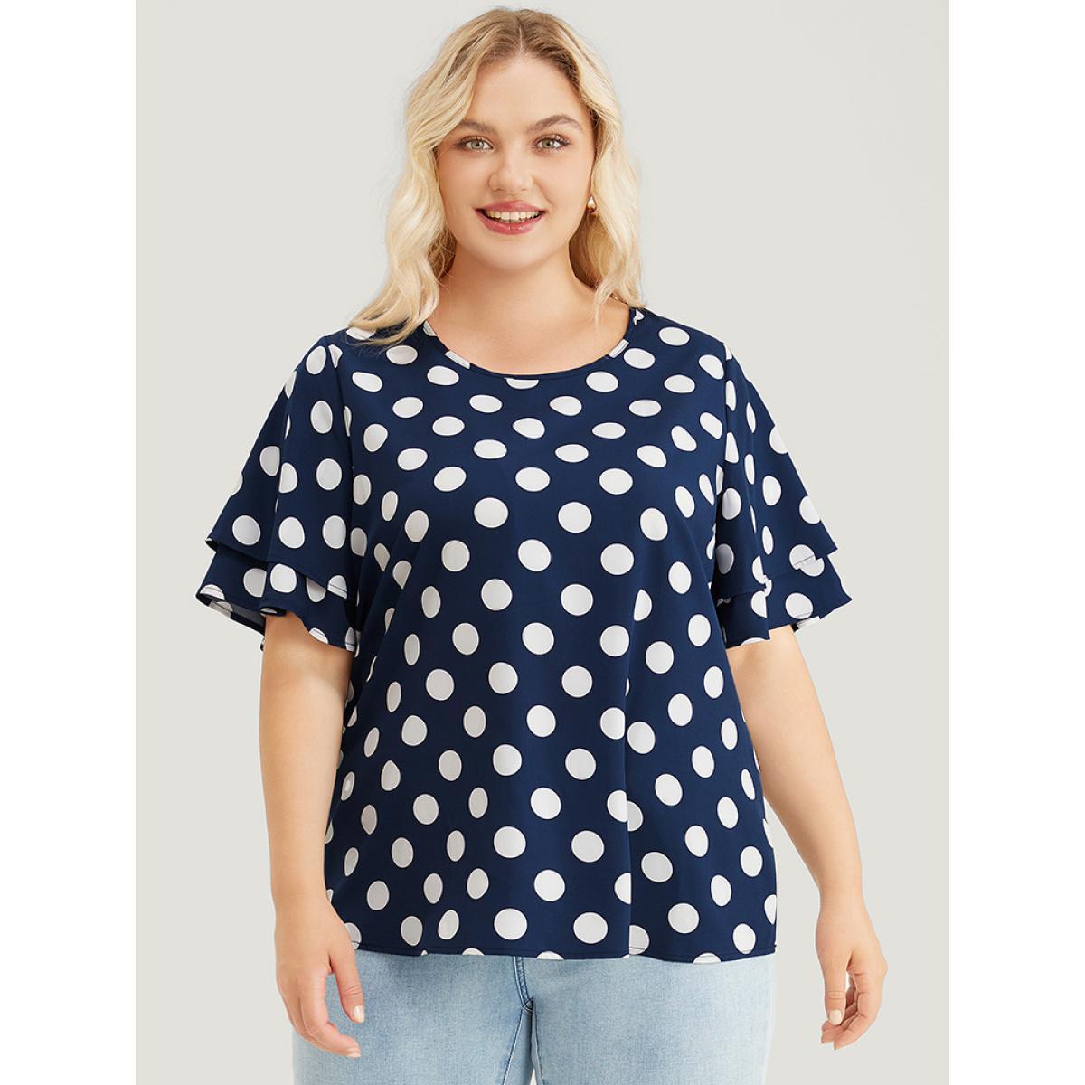 Plus Size Indigo Polka Dot Ruffle Tiered Sleeve Blouse Women Office Short sleeve Round Neck Work Blouses BloomChic 12/L Product Image