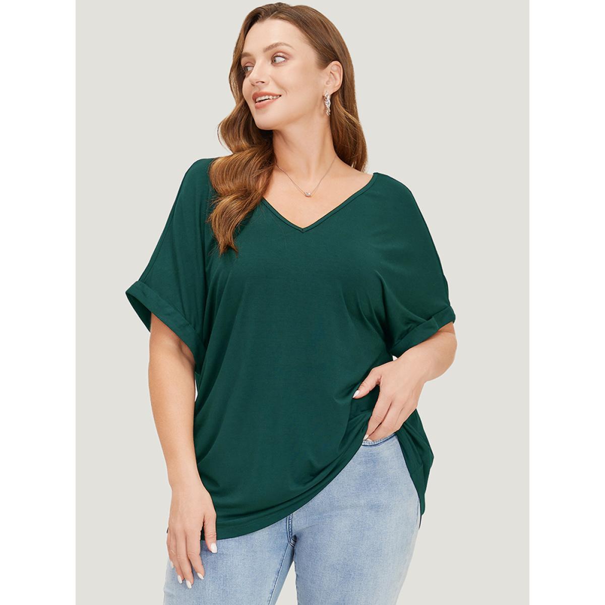 Plus Size Solid Backless Roll Sleeve Cut Out T-shirt Green Women Elegant Cut-Out Plain V-neck Dailywear T-shirts BloomChic 12/L Product Image