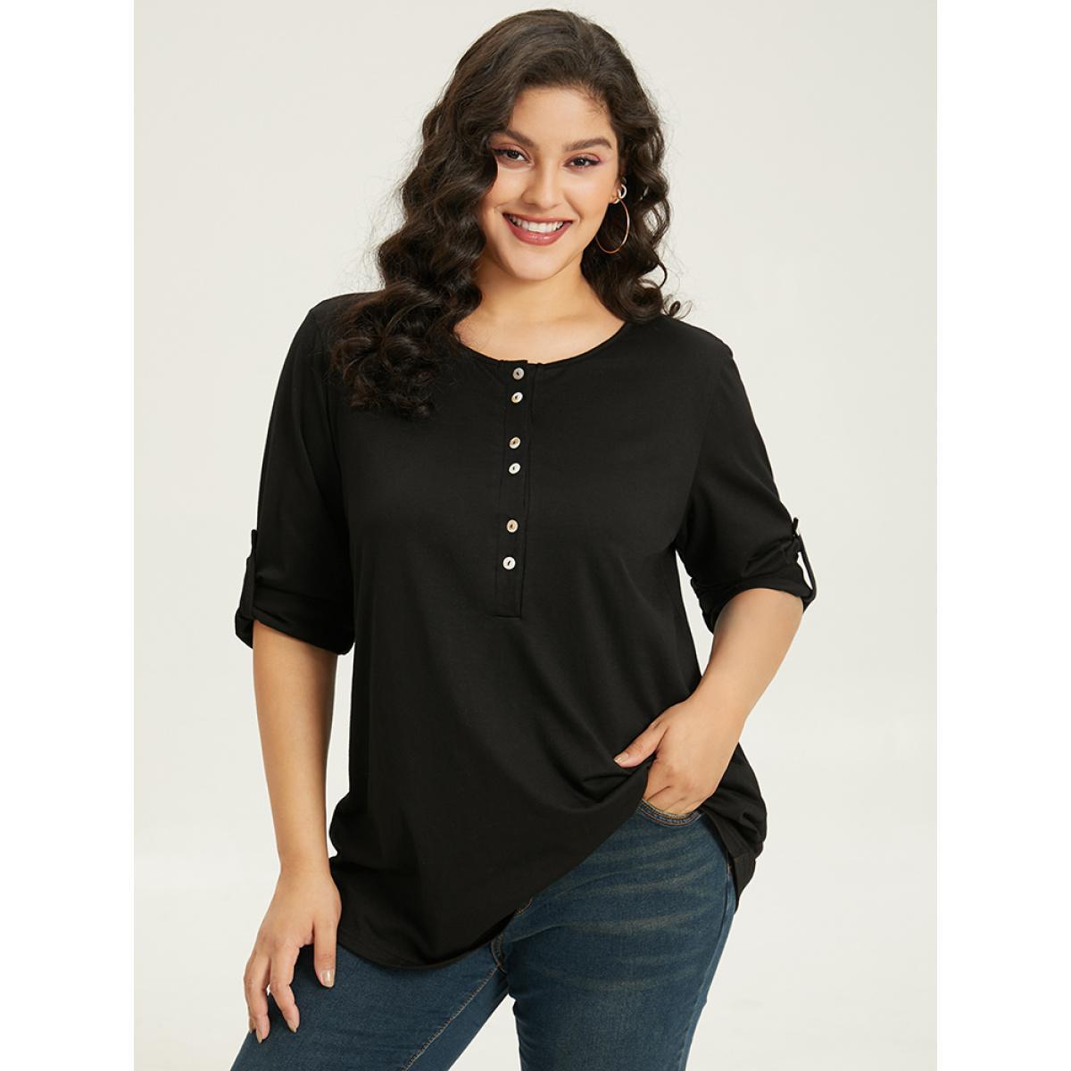 Plus Size Plain Button Up Tab Sleeve T-shirt Black Women Casual Plain Plain Round Neck Dailywear T-shirts BloomChic 10/M Product Image