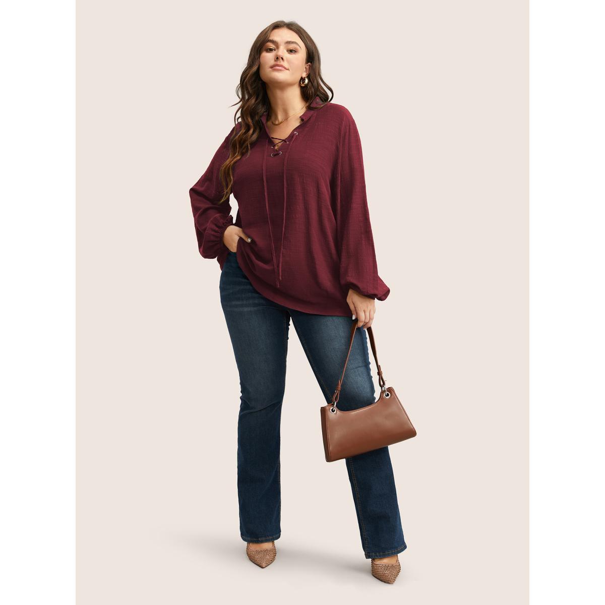 Plus Size Scarlet Plain Lace Up Lantern Sleeve Blouse Women Casual Long Sleeve Shirt collar Everyday Blouses BloomChic 10/M Product Image