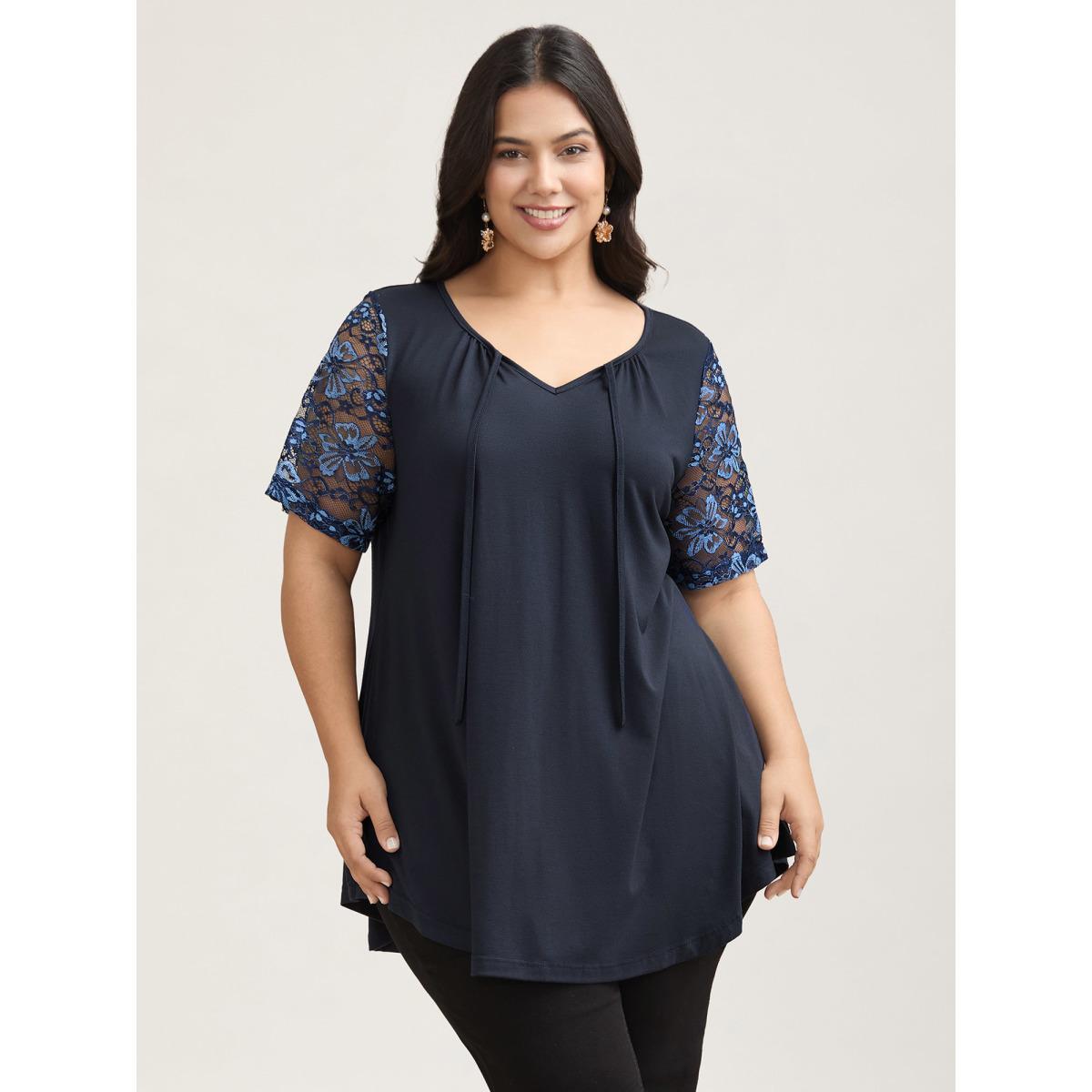 Plus Size Dual-Tone Lace Neck Tie Relaxed T-Shirt Indigo Women Elegant Tie knot V-neck Loose Everyday T-shirts BloomChic 10/M Product Image