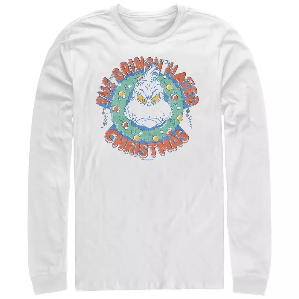 Men's Dr. Seuss The Grinch Hated Christmas Wreath Long Sleeve Graphic Tee, Size: XL, White Product Image