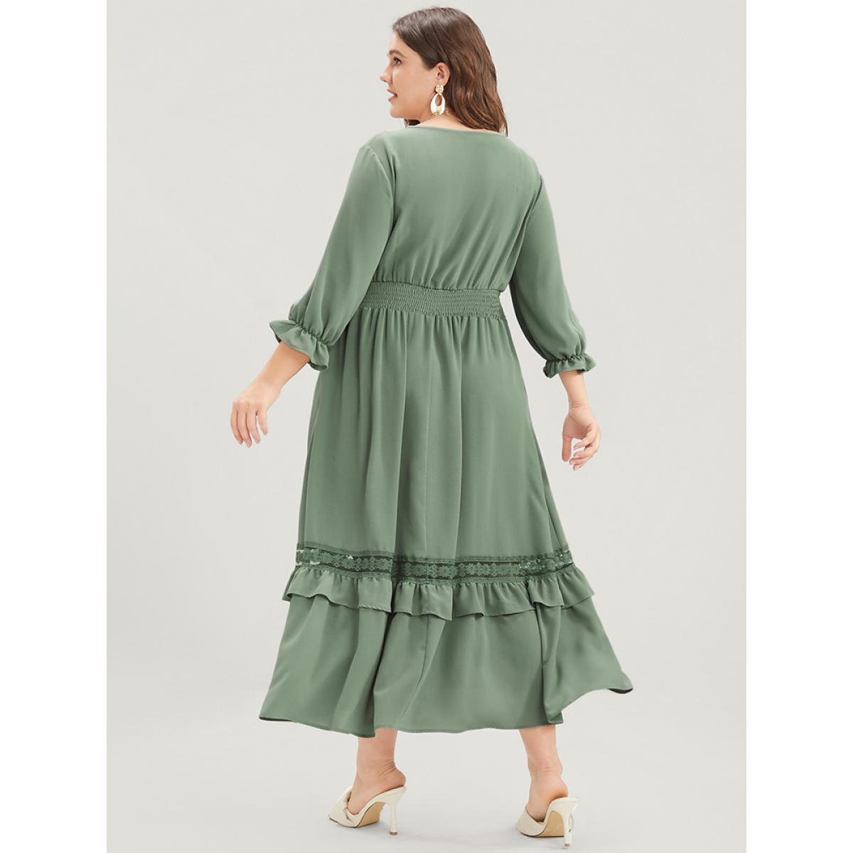 Plus Size Plain Lantern Sleeve Button Detail Pocket Shirred Ruffle Hem Dress Mint Women Elegant Patchwork V-neck Elbow-length sleeve Curvy Midi Dress BloomChic 10/M Product Image