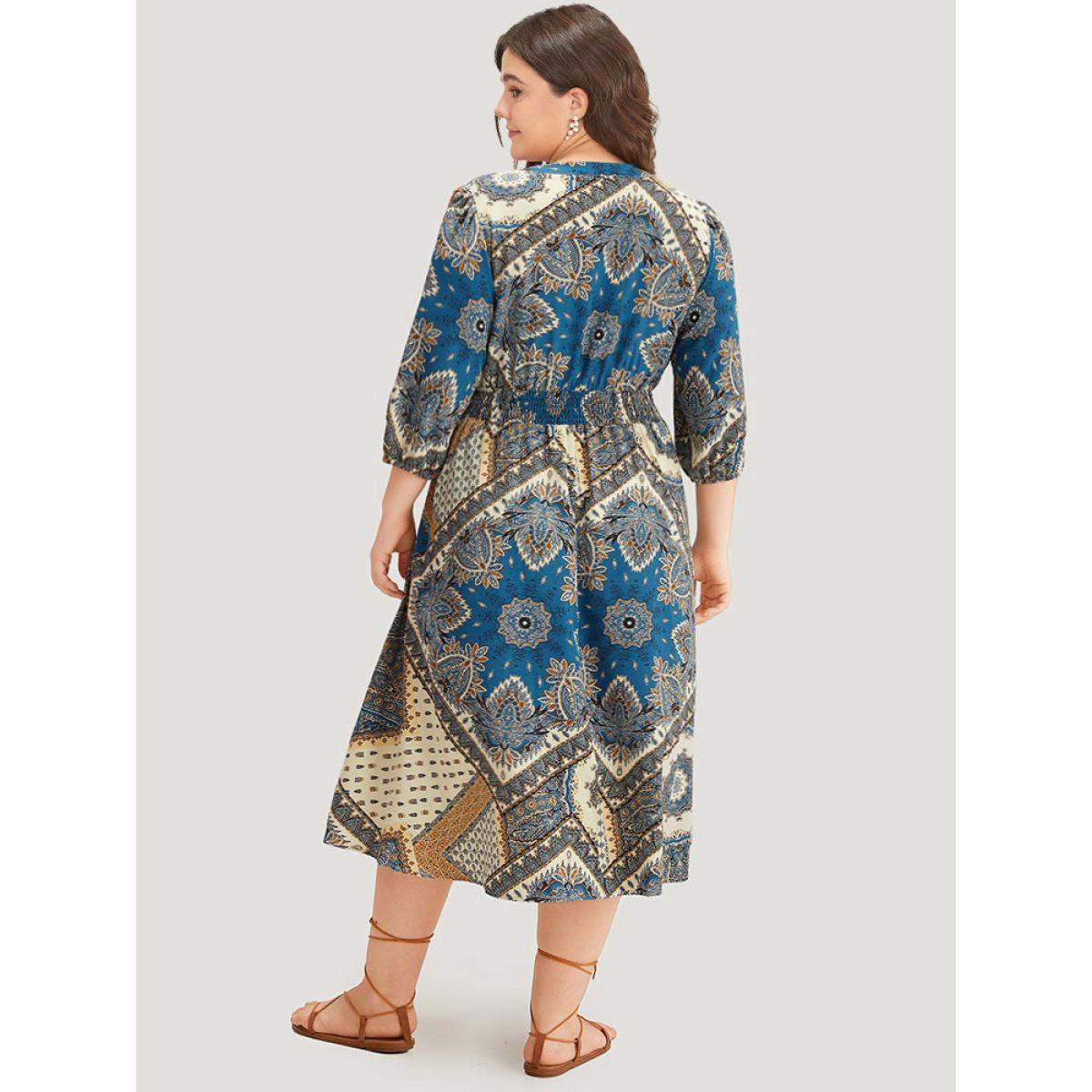 Plus Size Bandana Print Notched Lantern Sleeve Dress Cerulean Women Vacation Elastic cuffs Notched collar Elbow-length sleeve Curvy Midi Dress BloomChic 28/5X Product Image