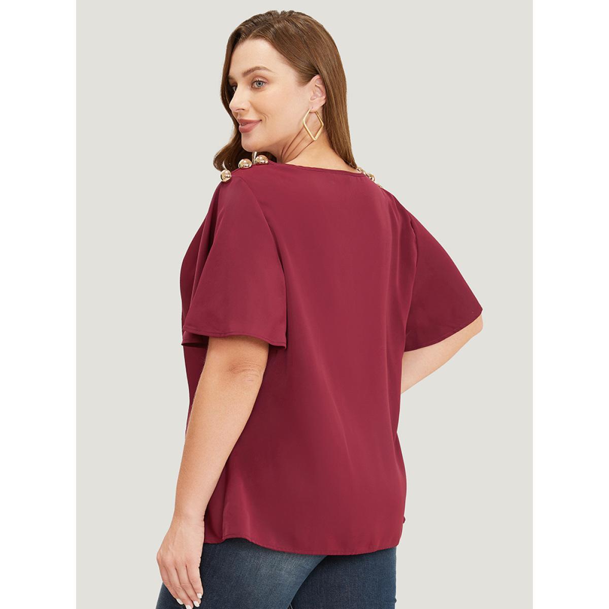 Plus Size Scarlet Plain Cowl Neck Button Detail Flutter Sleeve Blouse Women Office Short sleeve Cowl Neck Work Blouses BloomChic 28/5X Product Image