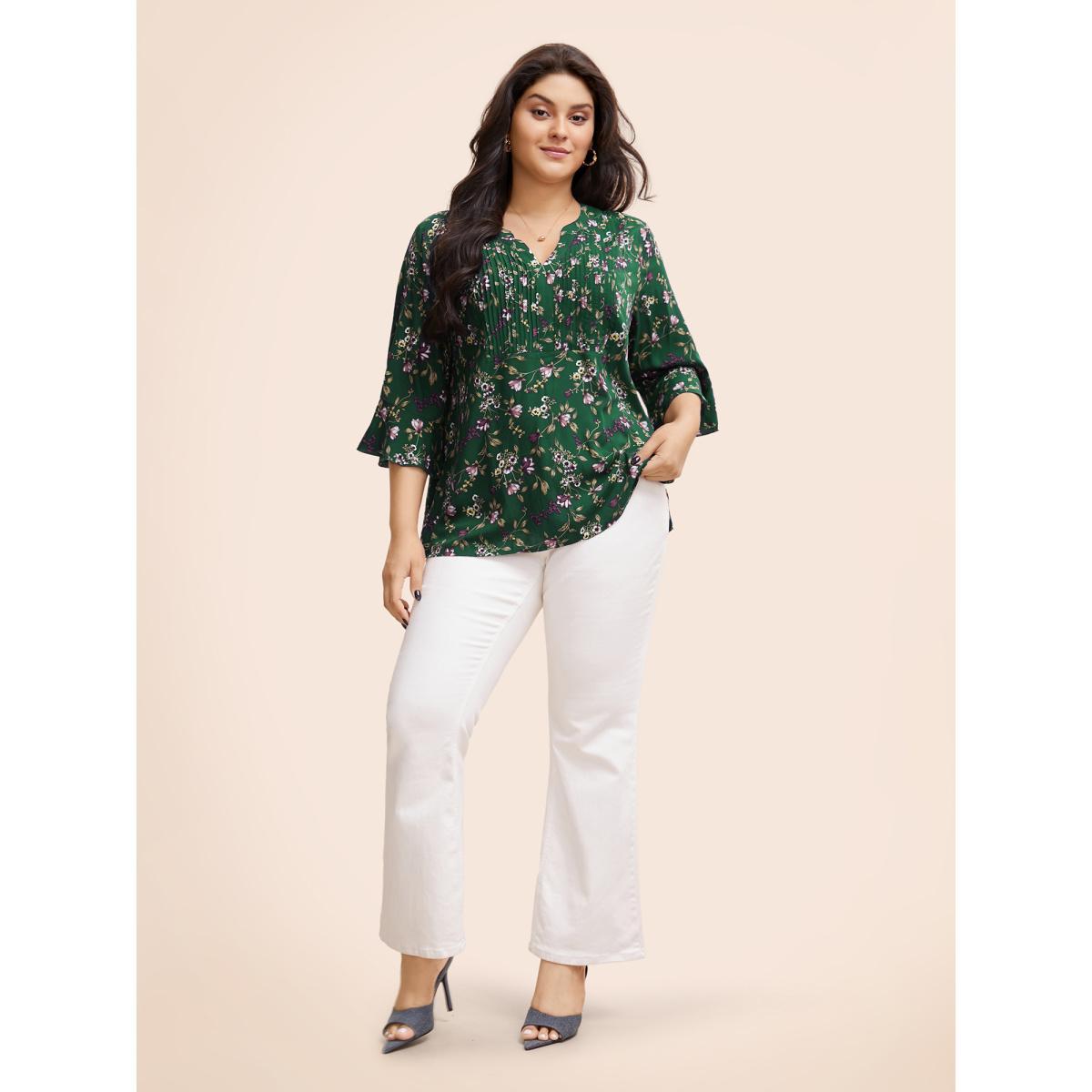 Plus Size DarkGreen Ditsy Floral Pleated Flutter Sleeve Blouse Women Elegant Elbow-length sleeve Flat collar with V-notch Everyday Blouses BloomChic 28/5X Product Image