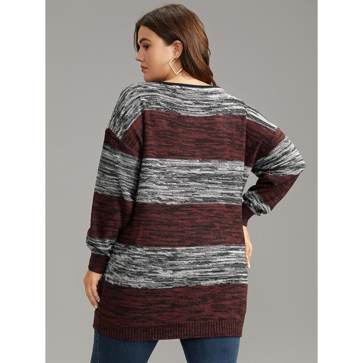 Plus Size Heather Colorblock Contrast Pocket Button Through Cardigan Burgundy Women Casual Loose Long Sleeve Everyday Cardigans BloomChic 30/6X Product Image