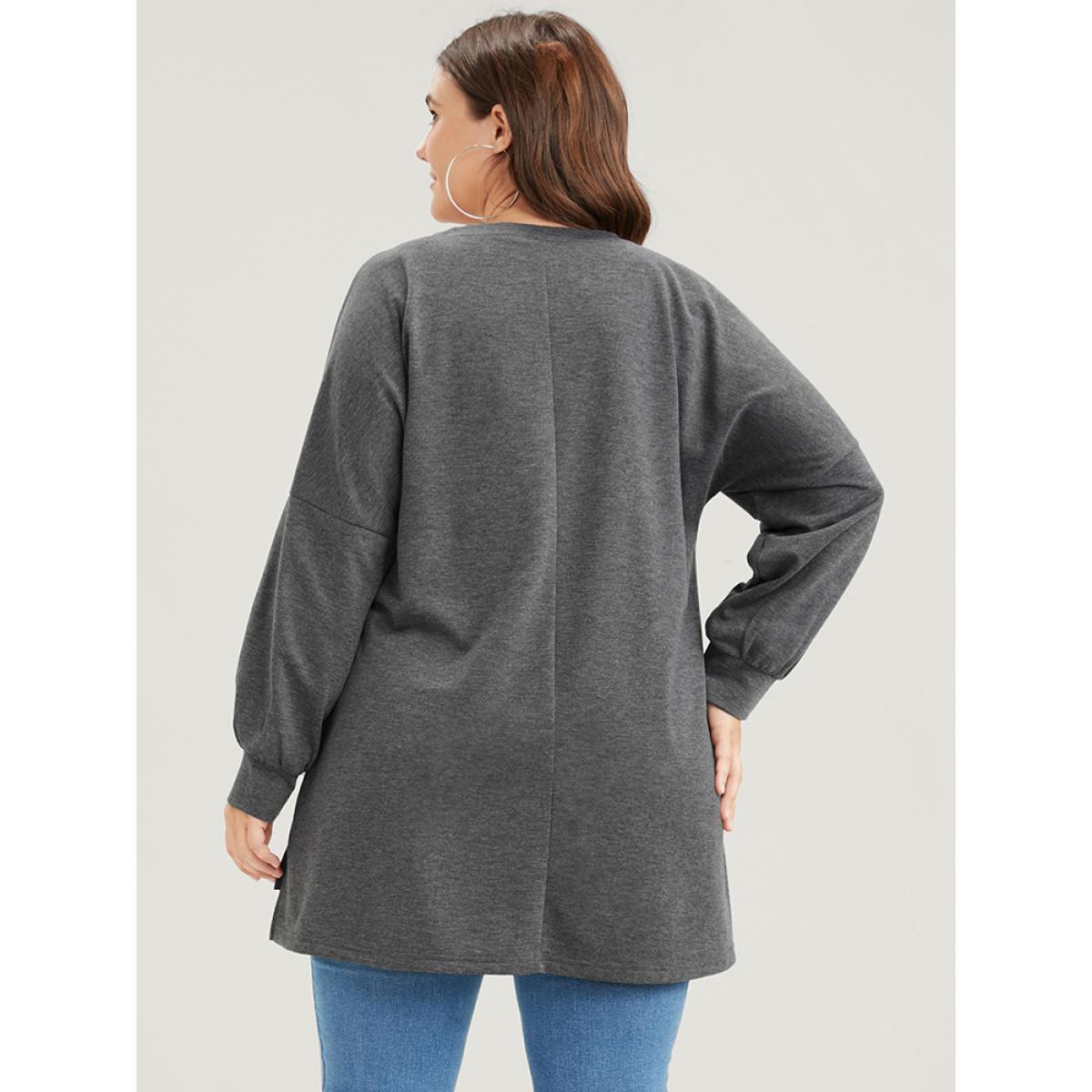 Plus Size Solid Asymmetrical Hem Distressed Drop Shoulder Sweatshirt Women DimGray Casual Plain Round Neck Dailywear Sweatshirts BloomChic 28/5X Product Image