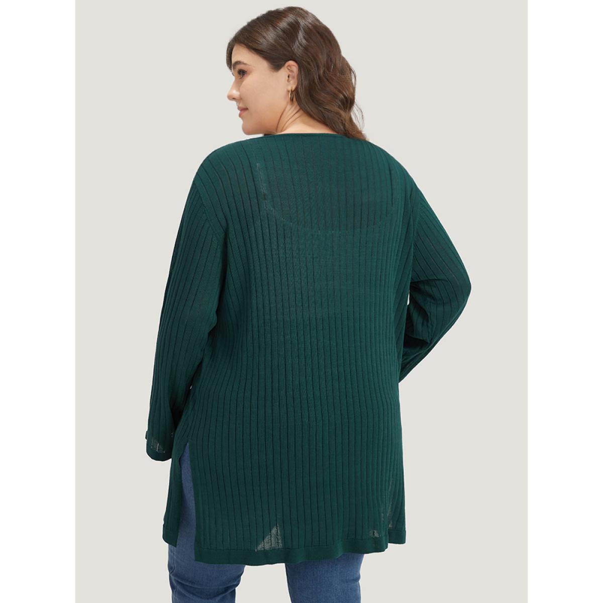 Plus Size Solid Rib Knit Pocket Lightweight Tunic Cardigan Green Women Basics Loose Long Sleeve Everyday Cardigans BloomChic 12/L Product Image
