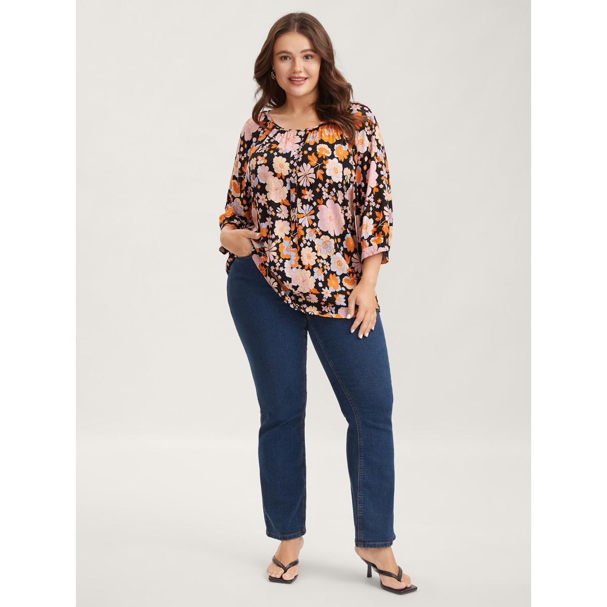 Plus Size Black Floral Textured Button Placket Blouse Women Elbow-length sleeve Round Neck Everyday-Elegant Blouses BloomChic 30/6X Product Image