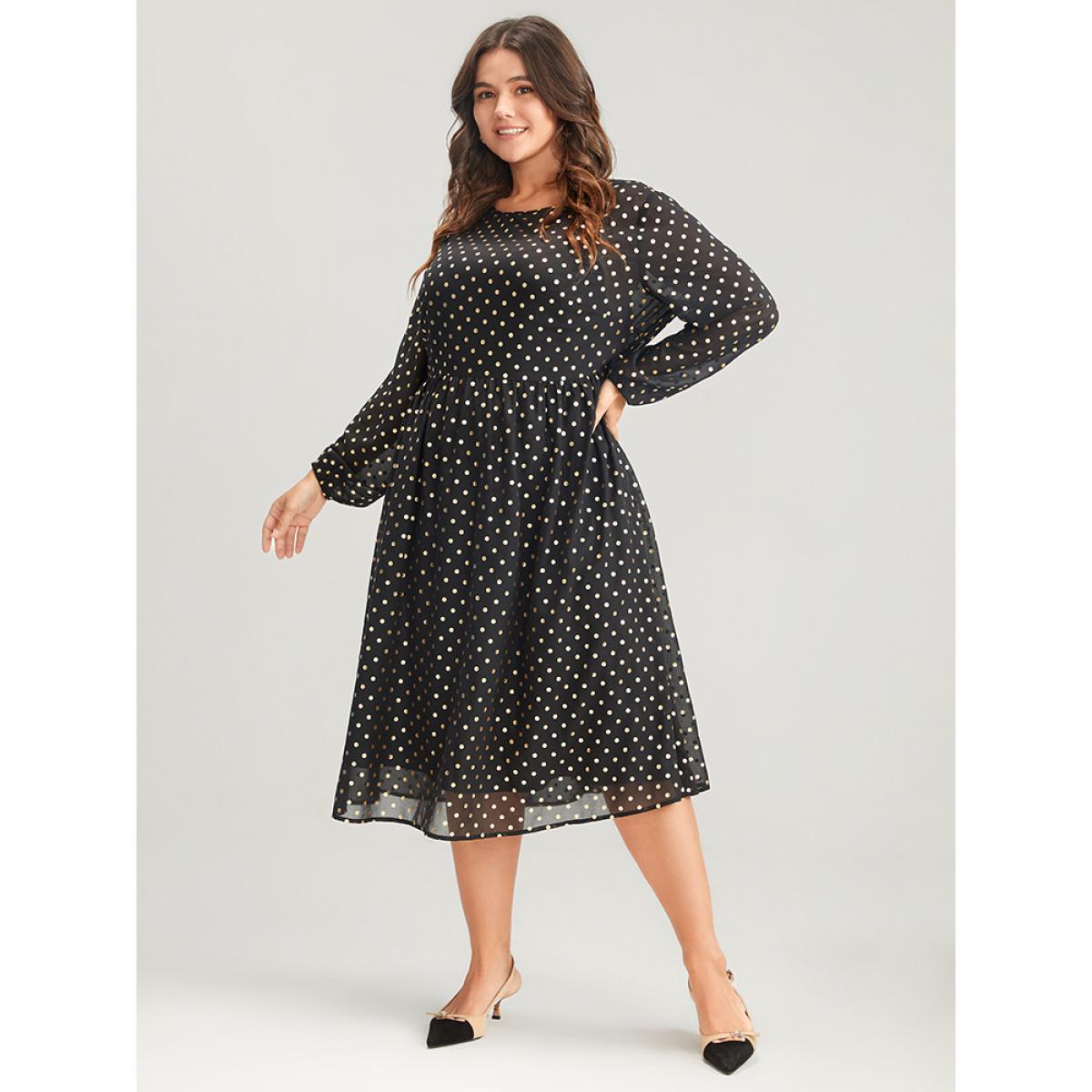 Plus Size Polka Dot Mesh Lantern Sleeve Flutter Round Neck Midi Dress Black Women Party See through Round Neck Long Sleeve Curvy Midi Dress BloomChic 28/5X Product Image