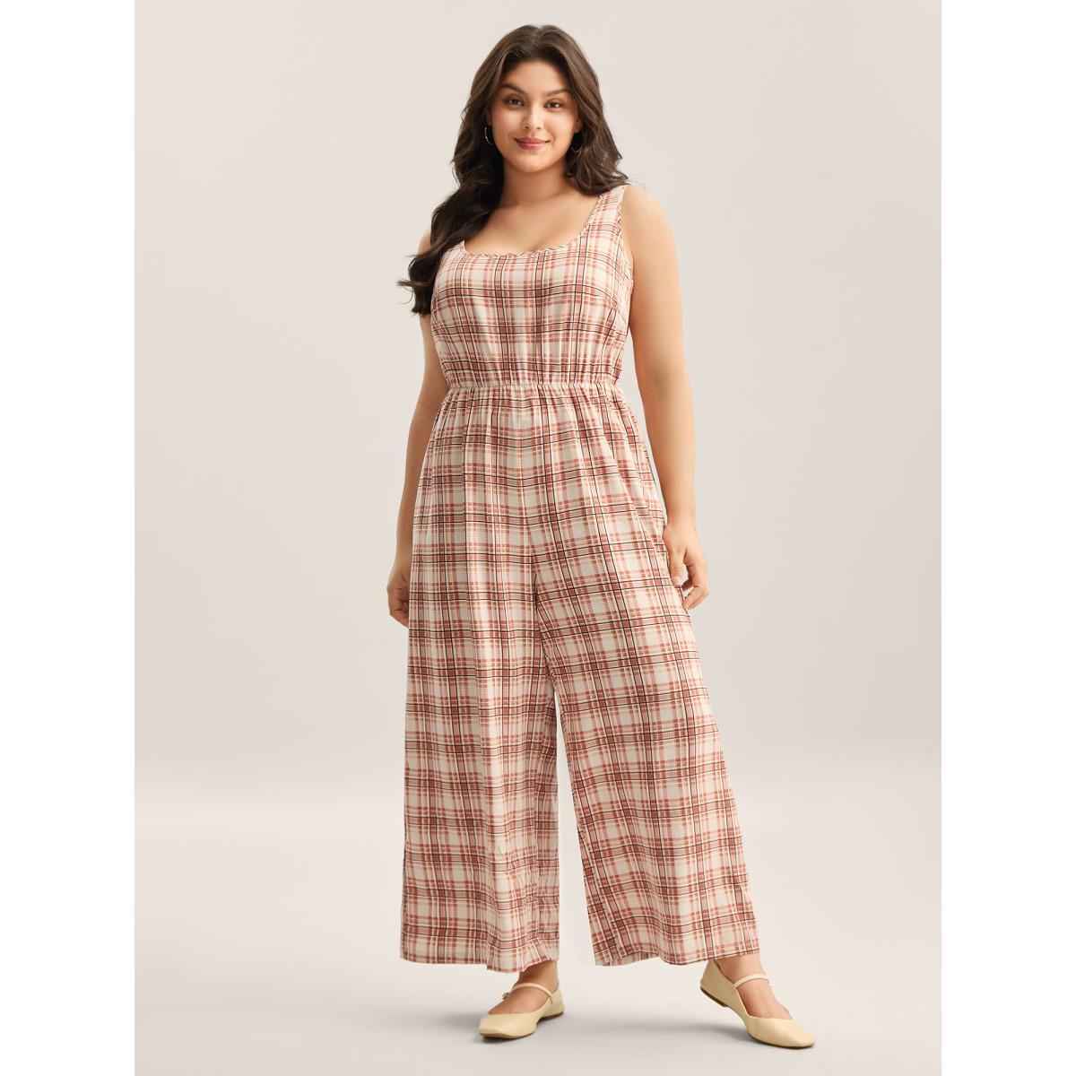 Plus Size Rust Plaid Pockets Wide-Leg Jumpsuit Women Sleeveless Square Neck Everyday-Casual Loose Jumpsuits BloomChic 14-16/1X Product Image