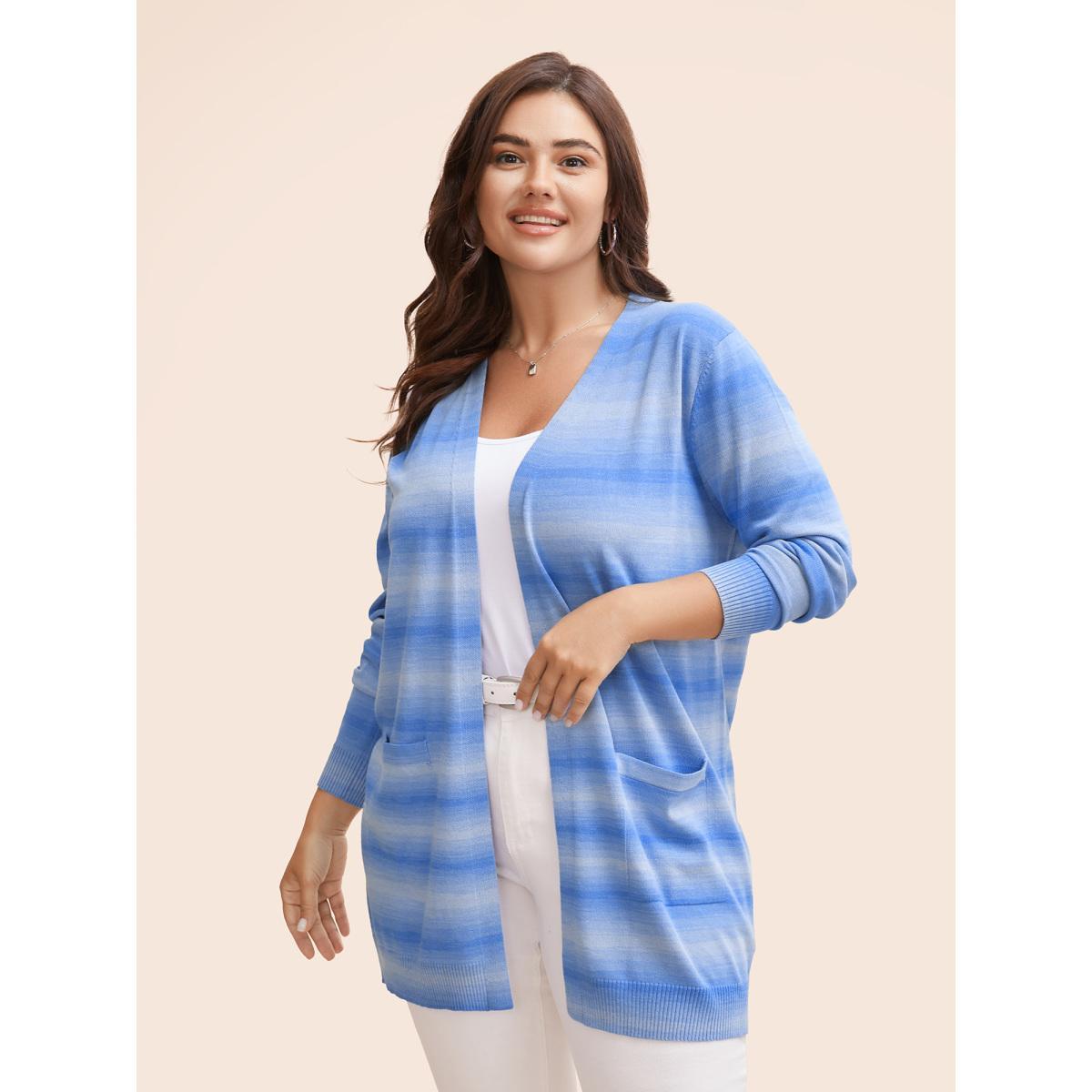 Plus Size Heather Ombre Kimono Collar Pocket Cardigan LightBlue Women Casual Loose Long Sleeve Everyday Cardigans BloomChic 12/L Product Image