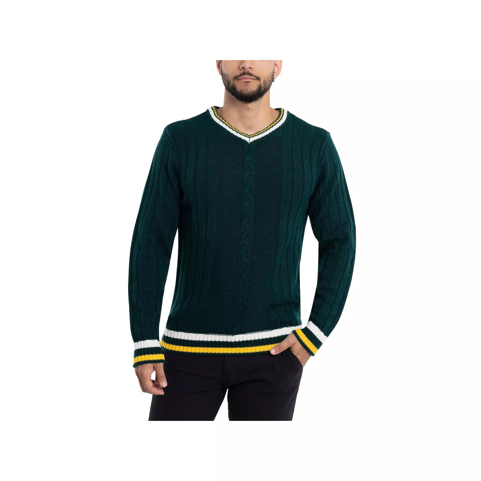 Men's Xray Cable Knit Tipped V-Neck Sweater, Size: Large, Grey Product Image