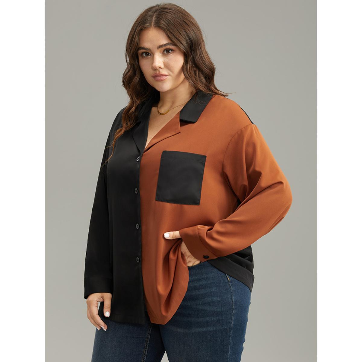 Plus Size Black Anti-Wrinkle Two Tone Patched Pocket Blouse Women Work From Home Long Sleeve Shirt collar Work Blouses BloomChic 28/5X Product Image