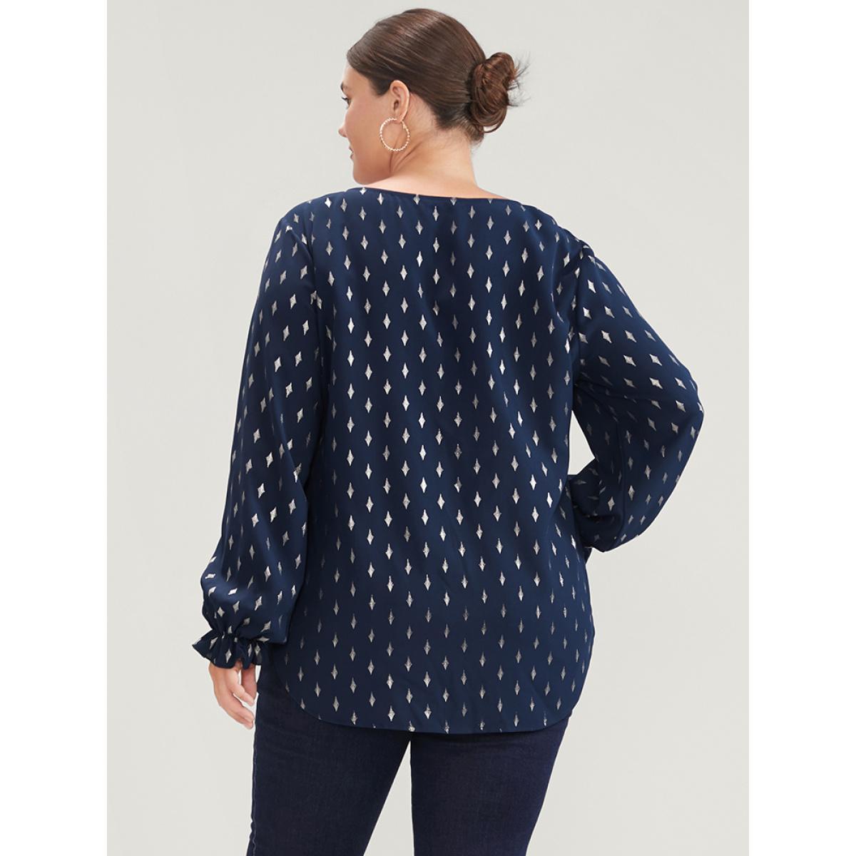 Plus Size Indigo Geometric Print Lantern Sleeve V Neck Blouse Women Party Long Sleeve V-neck Going out Blouses BloomChic 10/M Product Image