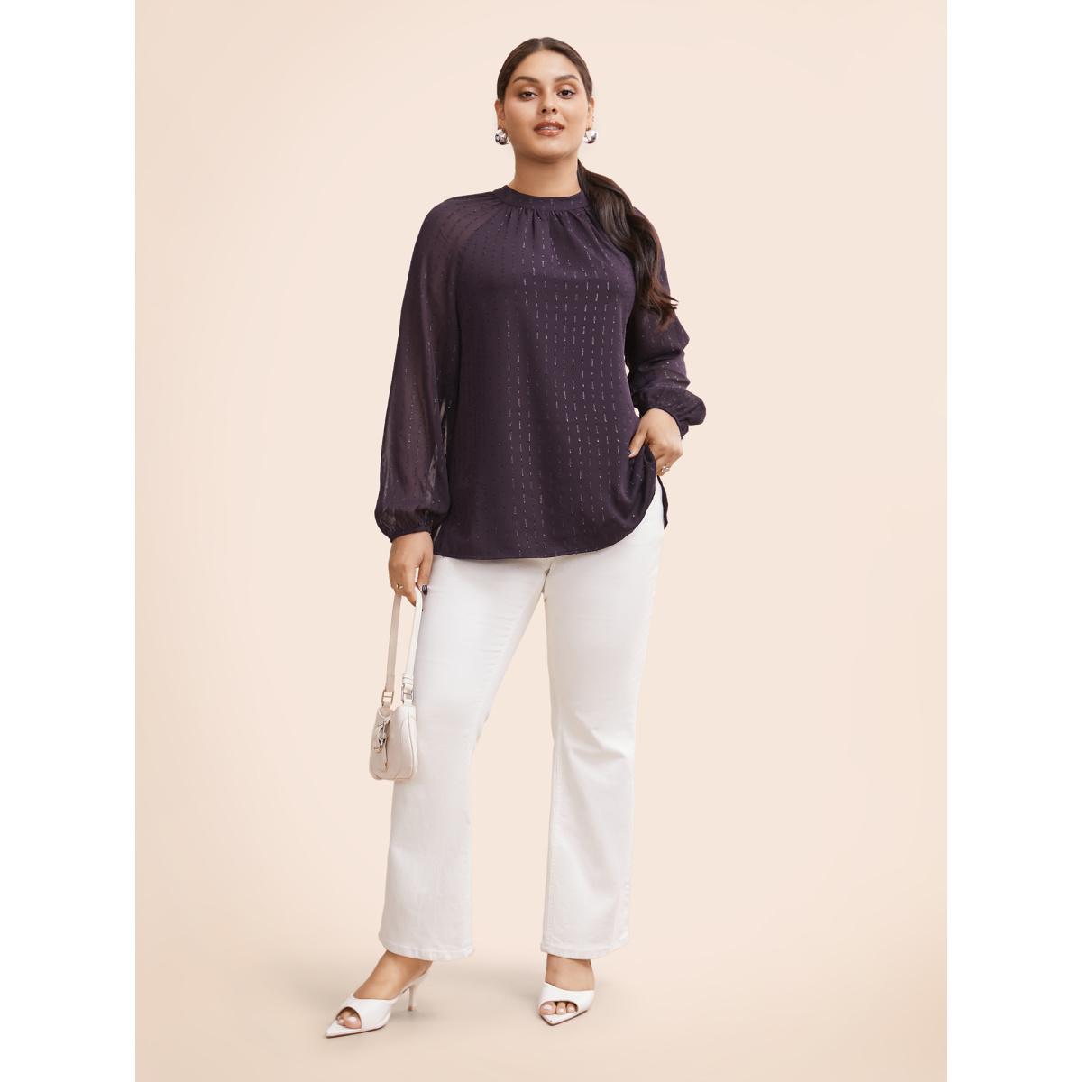 Plus Size Eggplant Luxe Chiffon Stand Up Collar Blouse Women Work From Home Long Sleeve Stand-up collar Work Blouses BloomChic 22-24/3X Product Image